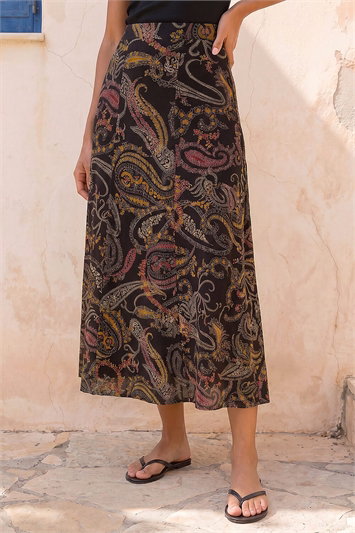 Black Modern Paisley Print Midi Stretch Skirt