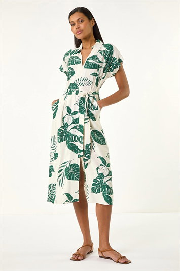 Green Leaf Print Belted Midi Shirt Dress