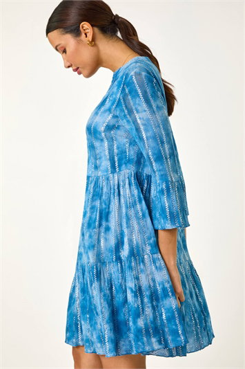 Blue Tie Dye Print Shimmer Smock Dress