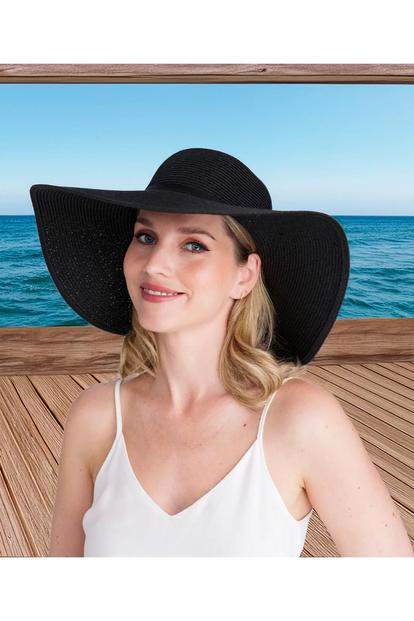 Black Porto - Wide Brim Straw Floppy Hat  Black