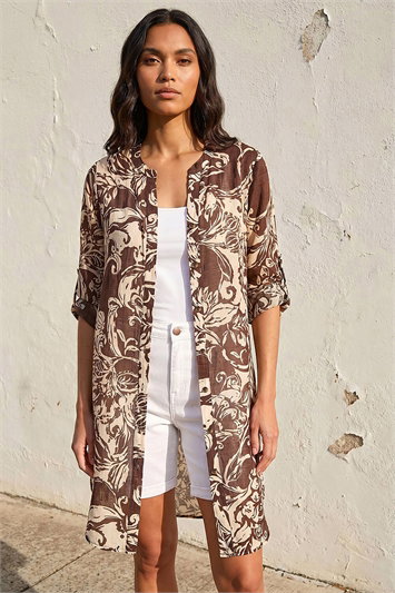 Leaf Print Longline Button Blouse 10230619
