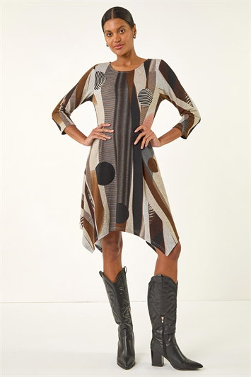 Brown Geo Print Hanky Hem Stretch Dress