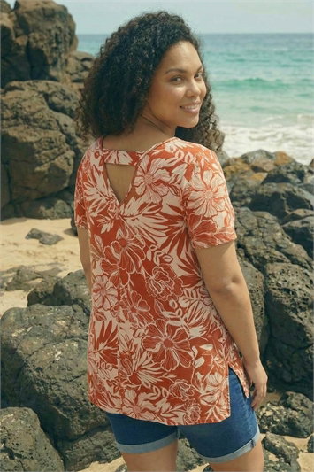 Red Curve Leaf Print Bar Back Top