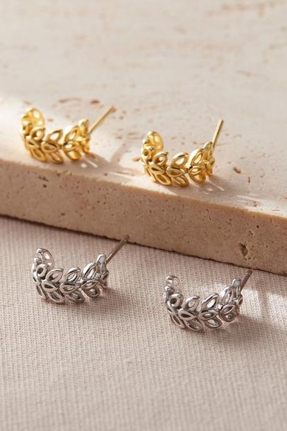 Metallic Sterling Silver Olive Leaf Half Hoop Studs