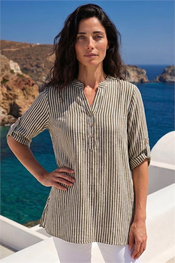 Green Classic Stripe Button Front Top