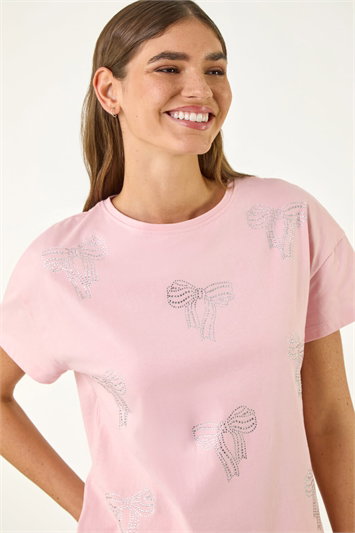 Pink Bow Embellished Cotton T-Shirt
