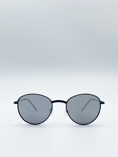 Black Classic Round Sunglasses With Mirror Lenses
