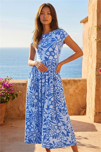Blue Floral Pocket Midi Dress