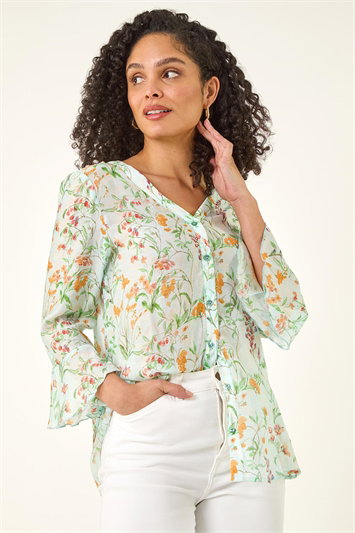 Blue Floral Flare Sleeve Button Up Blouse