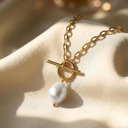 Metallic 18Ct Gold Vermeil Pearl T-Bar Necklace - June Birthstone