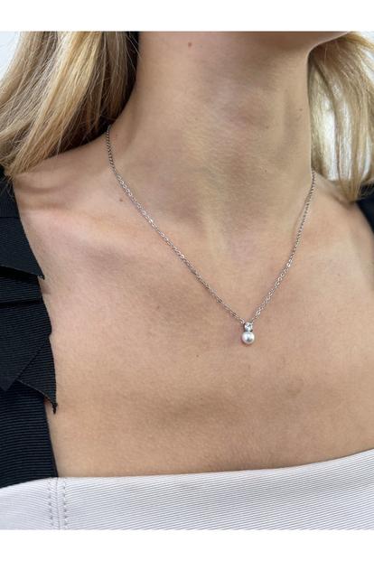 Metallic Pearl Diamante Necklace In Silver