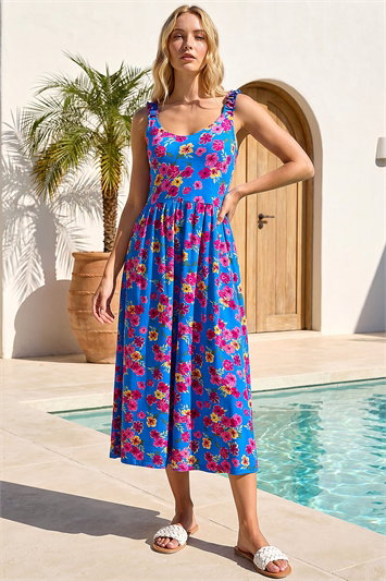 Floral Shirred Strap Midi Dress 14553209