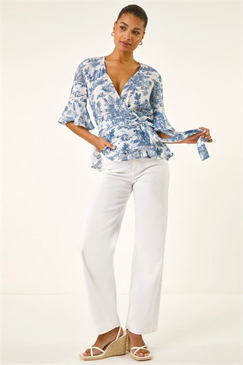Blue Floral Frill Wrap Top