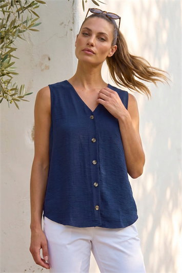 Blue Petite V-Neck Front Button Blouse