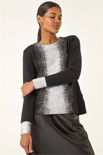 Black Foil Print Crew Neck Knit Jumper