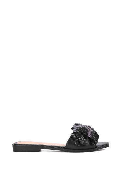 Black Flat Slip On Slider Sandals With Floral Detail