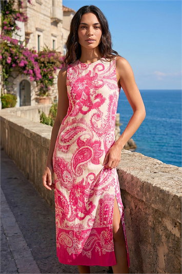 Pink Paisley Print Midi Dress