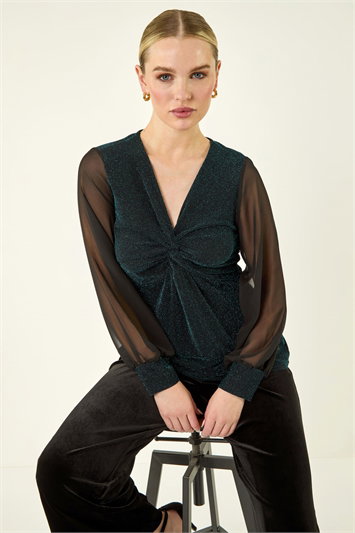Petite Twist Front Chiffon Sleeve Stretch Top 19243991