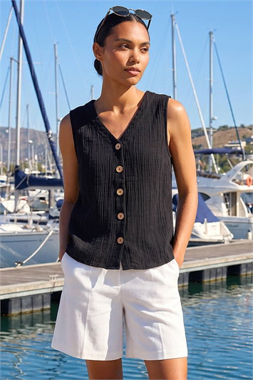 Black V-Neck Button Detail Vest