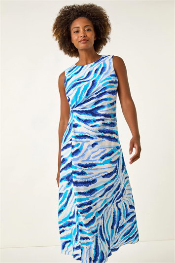 Blue Abstract Side Pleat Midi Dress