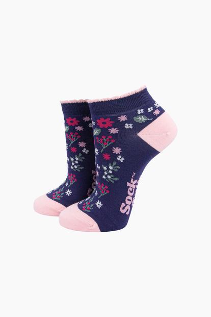 Multi Wildflowers Bamboo Trainer Socks In Navy Blue