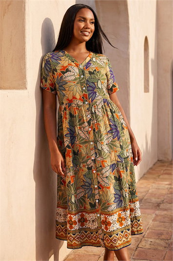 Green Curve Leaf Print Button Maxi Dress