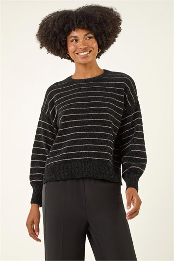 Black Fluffy Stripe Knit Jumper