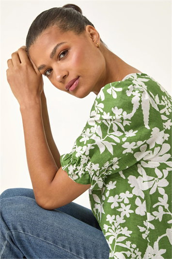 Green Floral Print Puff Sleeve Top