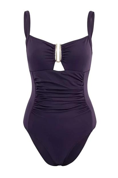 Purple Cut Out Detail Ruched Fitted Swimsuit With Metal Trim