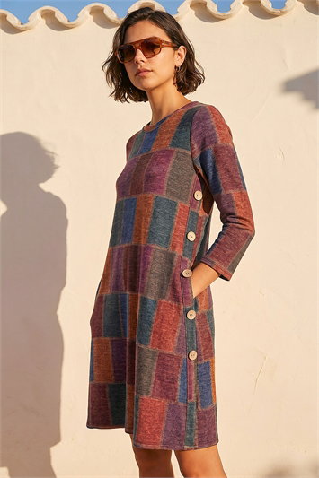 Red Patchwork Button Swing Dress