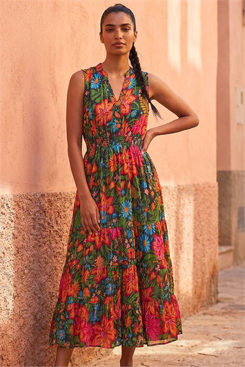 Red Floral Shirred Maxi Dress