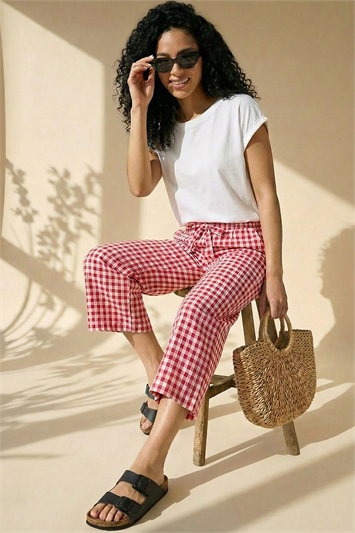 Red Gingham Tie Waist Cropped Trouser