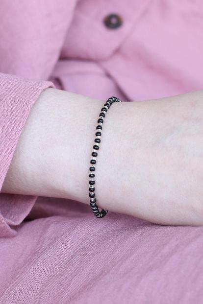 Metallic Adjustable Black Beads Nazar Bracelet