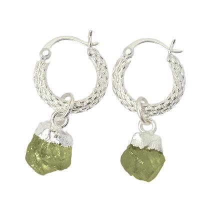 Metallic Raw Peridot August Birthstone Huggie Hoops Sterling Silver Gemstone Earrings