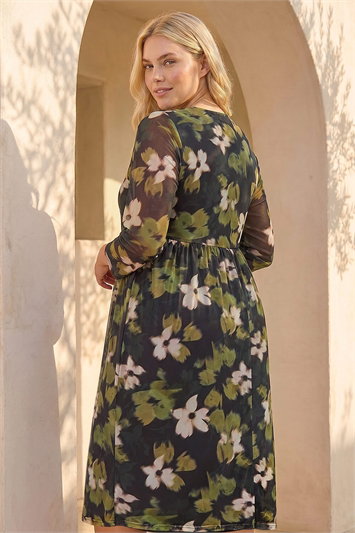 Curve Floral Print Mesh Midi Dress 14802934