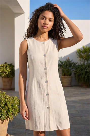 Cream Petite Linen Panel Button Dress