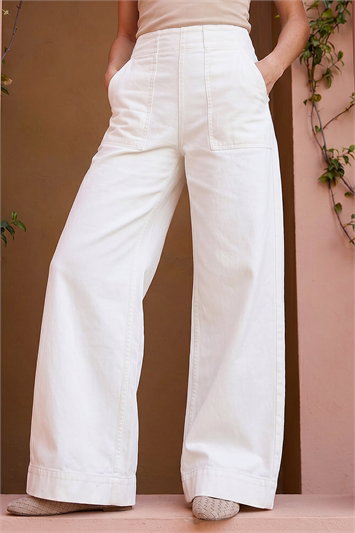 White Cotton Stretch Wide Leg Jean