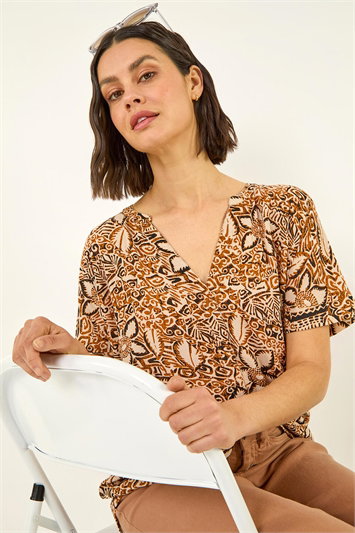 Red Floral Abstract Print Tunic Top