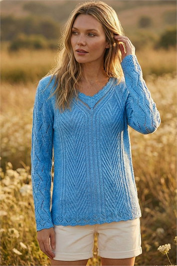 Blue Scallop V-Neck Knit Jumper