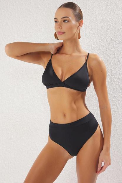 Black Triangle Bikini Set With Adjustable Straps And High Waist Bottom