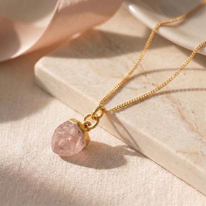 Metallic Raw Rose Quartz October Birthstone Gold Plated Necklace