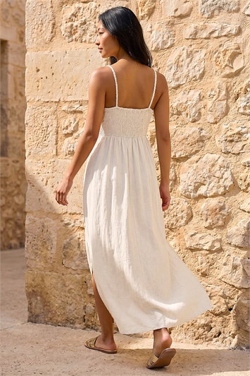 Petite Crochet Bodice Linen Blend Maxi Dress 14592959
