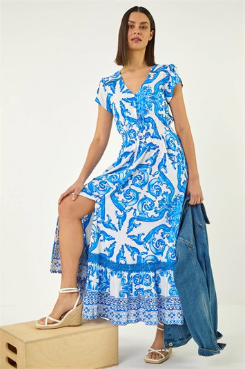 Blue Border Print Button Dress