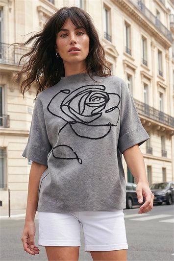Grey Rose High Neck Knit Jumper