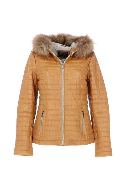 Blue 'Venezia' Fur Trim Hooded Real Leather Jacket