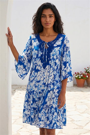 Blue Shadow Floral Lace Smock Dress