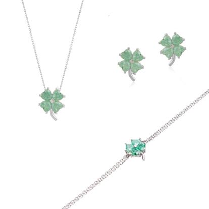 Metallic Best Of Luck Four Leaves Clover Sterling Silver Bracelet Necklace And Stud Earrings Set