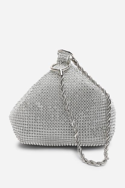 Metallic 'Lore' Diamante Pouch Bag With Chain Detail Handle