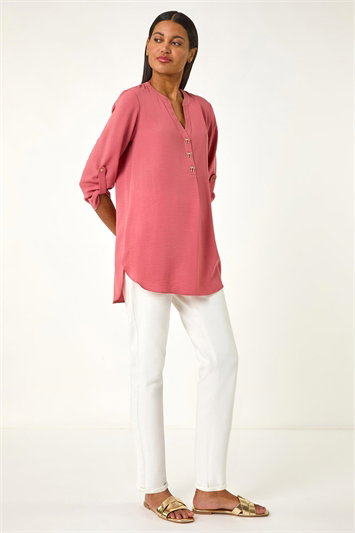Pink Longline Bow Button Tunic Top