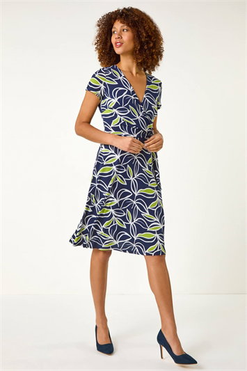 Green Leaf Print Wrap Bodice Dress